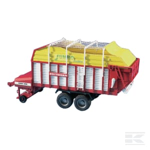 The Pöttinger Jumbo 6600 trailer - U02214 by Bruder features a red and white body, black wheels, and a yellow covering on top.