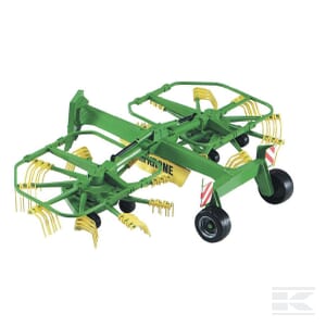 The Whirl Rake - U02216 by Bruder features green and yellow agricultural machinery with a rotary rake attachment and four wheels, making it perfect for agricultural tasks.