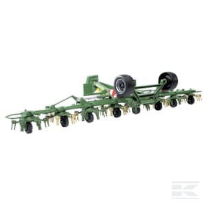 The Krone Rotary Rake KWT 8.82 - U02224 by Bruder is a green agricultural tillage implement that features multiple rotary tines and two large tires, designed to enhance efficiency in agriculture.