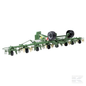 The Krone Rotary Rake KWT 8.82 - U02224 by Bruder is a green agricultural tillage implement that features multiple rotary tines and two large tires, designed to enhance efficiency in agriculture.