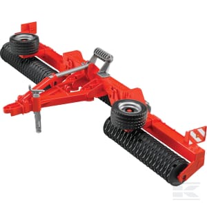 A red Bruder Cambridge Roller - U02226, in 1:16 scale, featuring two large black plastic rollers and wheels for soil compaction and surface smoothing, viewed from an angle.