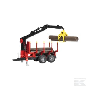 A compact 1:16 scale red and black logging trailer from Bruder features a yellow grapple for lifting logs, attached to a dual-axle base with support legs—perfect for forestry applications. This Logging Trailer, model U02252, also includes four logs and a crane.