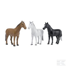 Three plastic toy horse figurines from Bruder's Set Horses (16x3 colour set) - U02306, featuring one brown, one white, and one black horse standing side by side on a white background. Perfect for children age 3+, these detailed toys are crafted to a scale of 1:16.