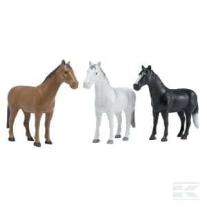 Three toy horses, one brown, one white, and one black, standing in a row—each a scale 1:16 plastic figure from the Bruder Set Horses (16x3 colour set) - U02306, suitable for children age 3+.