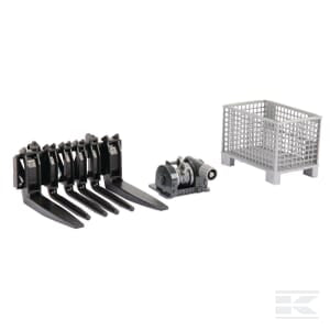 A set of front loader accessories, a small industrial machine component at scale 1:16, and a metal mesh storage container displayed side by side. Product details: Model U02318 by Bruder.