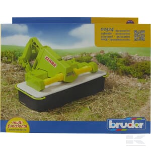 Box of a Bruder toy featuring the Claas Disco 3050 front mower (model U02324), with product details in the top right and a "multi-functional" sticker in the bottom left corner. This green and yellow plastic agricultural vehicle is perfect for young farming enthusiasts.