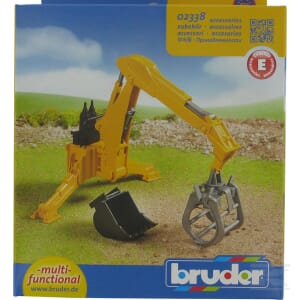 The Rear Digger with Grabber - U02338 toy model, made by Bruder, showcases a yellow multifunctional excavator in 1:16 scale displayed on cardboard packaging. The background features a grassy area under blue skies. Constructed from durable plastic, this toy is ideal for children aged 3 and up. The packaging includes the company logo and additional product information.