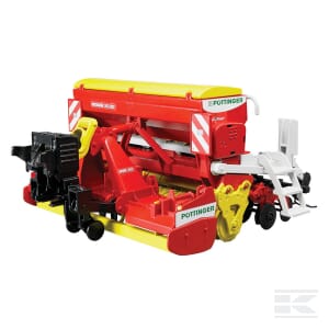 The Bruder Pöttinger Vitasem 302ADD - U02347 is a 1:16 scale plastic toy model, designed to replicate a red, yellow, and white Pöttinger seed drill for planting seeds, featuring multiple components and attachments for agricultural use.