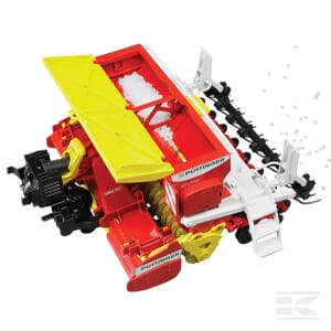 A Bruder Pöttinger Vitasem 302ADD - U02347, a red and yellow, 1:16 scale seed drill, dispersing white material.