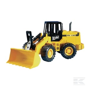 A yellow and black plastic toy bulldozer with a front loader, labeled "FR 130," is shown on a white background. Resembling the Bruder Fiat Wheeled Loader - U02425, it boasts detailed features and is equipped with large wheels.