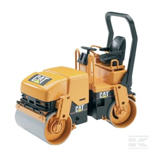 A yellow and black 1:16 scale CAT Road-roller - U02433 by Bruder, featuring dual wheels and an open driver's seat, perfect for any construction vehicle enthusiast.