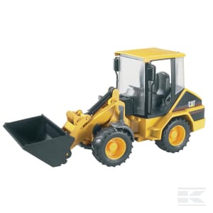 The Bruder CAT Compact loader - U02441, a yellow and black plastic model of a construction front loader featuring a visible driver's cabin, four wheels, and a scoop, is displayed on a white background.