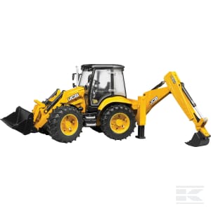 The JCB digger loader 5CX eco - U02454 by Bruder, featuring a yellow and black design reminiscent of a sturdy construction vehicle, is equipped with both front and rear buckets, and is showcased against a white background.