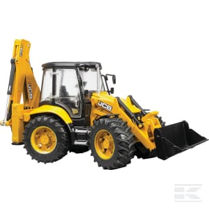 Yellow Bruder JCB digger loader 5CX eco - U02454 with a front bucket and a rear excavator arm.