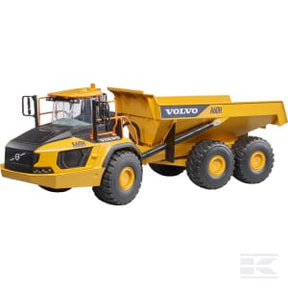 A yellow and black Volvo A60H dumper by Bruder, model U02455, resembling a construction vehicle, features six large wheels designed for heavy-duty construction and mining tasks.
