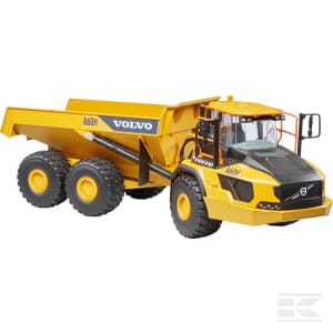 Yellow Volvo A60H dumper - U02455 articulated hauler truck by Bruder features six large tires, an enclosed cabin, and a dumping bed designed for heavy-duty construction or earthmoving tasks. This 1:16 scale model meticulously captures every detail for enthusiasts and professionals alike.