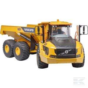 The Volvo A60H Dumper - U02455 by Bruder is a detailed 1:16 scale model of the yellow articulated dump truck, featuring six large wheels and a prominent front grille. It is designed for heavy-duty construction and mining tasks.