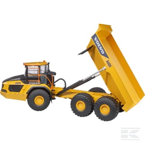 A realistic 1:16 scale construction vehicle, the Bruder Volvo A60H Dumper - U02455, comes in yellow with six large wheels and a lifted dump bed.