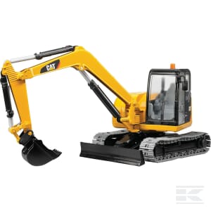 A Bruder Cat mini-excavator (U02456) featuring a yellow and black design with a digging bucket attachment is shown. It boasts caterpillar tracks and a cab for the operator, making it an ideal realistic plastic toy for young construction vehicle enthusiasts.