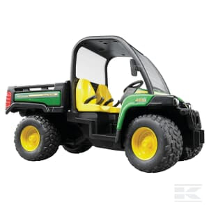 The Bruder John Deere Gator 855D no driv. - U02491 is a green and black utility vehicle outfitted with large tires, an open cabin, and two yellow seats. Engineered for rough terrain and agricultural tasks, this durable pick-up truck includes a cargo bed at the rear.