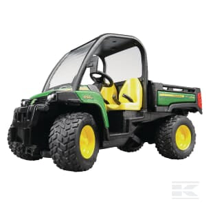 The Bruder John Deere Gator 855D no driv. - U02491 utility vehicle, featuring a green and black design with yellow seats and large tires, is perfectly crafted for off-road use and ideal for agricultural tasks.