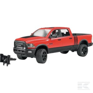 A Ram 2500 Power Wagon - U02500 by Bruder, featuring a red and black color scheme, four doors, and a detachable tow hitch accessory.