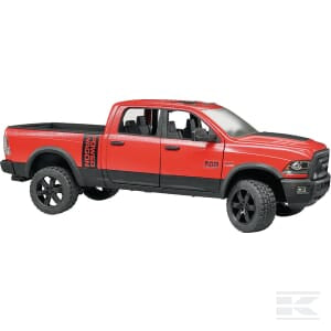 Red and black Ram 2500 Power Wagon by Bruder, featuring oversize tires, black rims, and a crew cab. The "RAM" logo is prominently displayed on the front grille and side, ensuring it's ready for any transport needs.