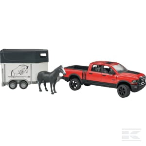 A classic scene of rugged agriculture is embodied by the Bruder RAM Power truck+horse trailer (model U02501), with a black horse figurine standing next to the hitched trailer.