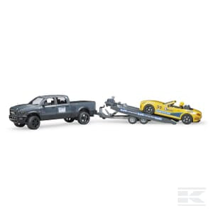 A heavy-duty pick-up, the Bruder RAM 2500 Power Wagon and Bruder Roadster Racing Team - U02504 comes with a trailer carrying a yellow sports car.