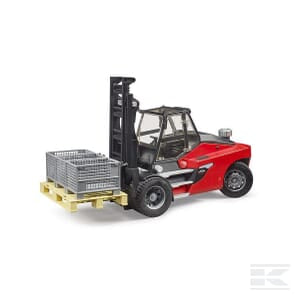 A Bruder Linde HT160 Fork Lift with pallet and 3 pallet cages - U02513 is transporting a pallet with two large metal crates. The metal crates are secured on a wooden pallet, and the forklift's forks are raised slightly off the ground.