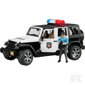 Meticulously crafted to Scale 1:16, the Bruder Jeep Rubicon police vehicle (U02526) is a toy model of a black and white Jeep Wrangler Unlimited Rubicon police car with a blue and red light bar on top, accompanied by a figure of a police officer standing beside it.