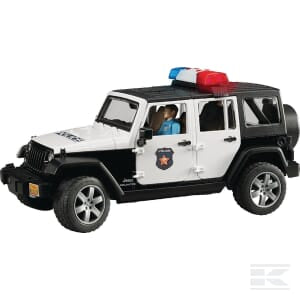 The Bruder Jeep Rubicon police vehicle - U02526 is a 1:16 scale toy SUV featuring black and white coloring, a roof-mounted light bar, and a police emblem on the front door, designed to resemble the iconic Jeep Wrangler Unlimited Rubicon.