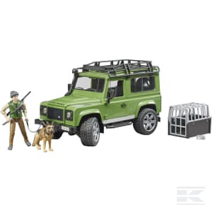 Bruder's Land Rover Defender station wagon with forester and dog - U02587 features a green toy Land Rover Defender equipped with a roof rack, accompanied by a figure of a person holding a gun, a dog, and a dog crate. Perfect for indoor and outdoor play adventures.