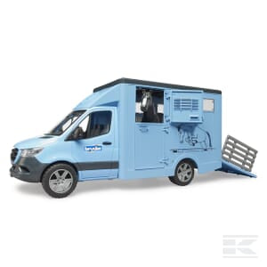 A light blue MB Sprinter animal transporter with 1 horse by Bruder, featuring a side ramp extended and equipment stored inside.