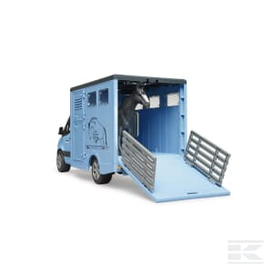 The Bruder MB Sprinter animal transporter with 1 horse - U02674 is a toy truck, designed as a light blue van reminiscent of a classic Mercedes Benz, complete with an extended ramp and a black horse figure positioned halfway inside.