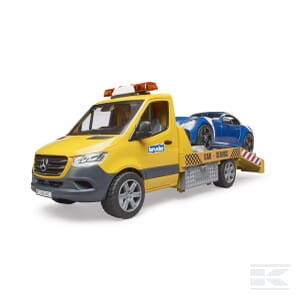 Introducing the Bruder MB Sprinter transporter with Light + Sound Module and BRUDER Roadster (model number U02675): a meticulously crafted toy yellow Mercedes-Benz tow truck in a precise 1:16 scale, featuring a light bar on top. It comes with a blue roadster on its bed and closely resembles a real-life Mercedes-Benz tow truck.