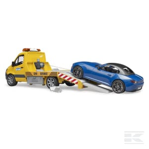 The Bruder MB Sprinter transporter with Light + Sound Module and BRUDER Roadster - U02675, a 1:16 scale toy, is towing a blue convertible sports car using a ramp.