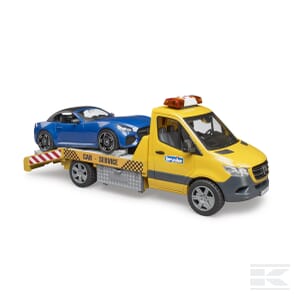 A yellow MB Sprinter transporter with "Car Service" written on the side is carrying a blue BRUDER Roadster on its flatbed, featuring intricate details including a 1:16 scale design. This product from Bruder also includes a Light + Sound Module.