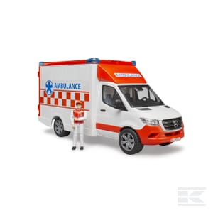 Image of a Bruder MB Sprinter Ambulance with driver and Light + Sound Module - U02676 in white and red, featuring blue lights on top and accompanied by a toy figure in a medical uniform standing beside it.