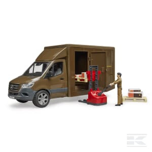 The Bruder MB Sprinter UPS with driver and accessories (U02678) is a 1:16 scale miniature model featuring a Mercedes Benz delivery van with an open side door, a worker using a red pallet jack, and several packages included in the scene.