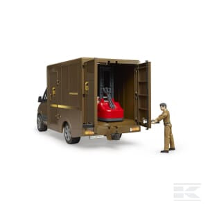 A toy delivery truck, the Bruder MB Sprinter UPS with driver and accessories (U02678), featuring a 1:16 scale model of a Mercedes Benz with its rear doors open and a red cargo container inside, accompanied by a toy figure of a person standing at the back.