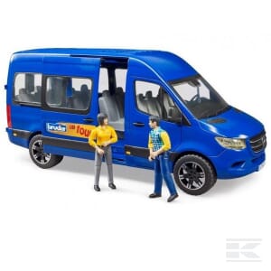 A Scale 1:16 blue toy van labeled "Van tours," identified as the MB Sprinter Transfer with driver - U02681 by Bruder, featuring two toy figures—one in a yellow shirt and the other in a checkered shirt—standing beside it.