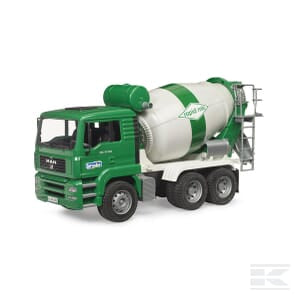 The Bruder MAN TGA Cement Mixer Truck Rapid Mix (U02739) is a three-axle model featuring a green and white design with detailed features, crafted from durable plastic.