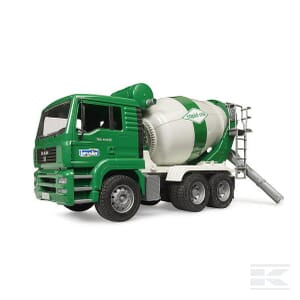 A green and white cement mixer truck, identified as the MAN TGA Cement mixer truck rapid mix - U02739 by Bruder, is displayed from a side angle with "Spedition" clearly marked on the drum. This detailed construction vehicle showcases the robust design typical of mixer vehicles in the industry.