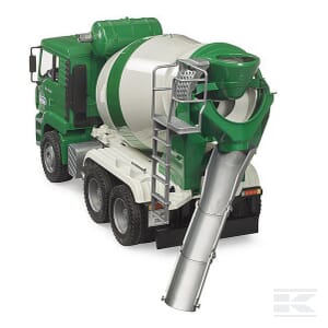 The Bruder MAN TGA Cement mixer truck rapid mix - U02739 features a green and white design with a metal chute extending from the drum for dispensing concrete.