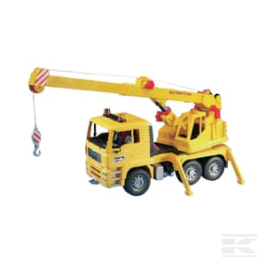 The Bruder Man crane truck - U02754 is a yellow plastic toy featuring an extendable arm, single hook, and stabilizing outriggers—ideal for building construction play.