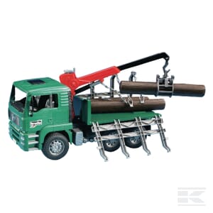 The Bruder MAN Forestry trailer - U02769 is a 1:16 scale toy logging truck that boasts a green cab and a red crane, complete with logs secured on a flatbed with metal supports—making it an ideal and realistic forestry vehicle toy.