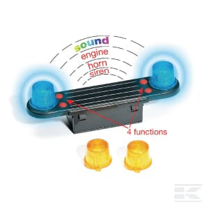 The Light and Sound Module (part number: U02801) from Bruder is a black rectangular plastic device featuring two blue lights at each end and two yellow caps. It includes red buttons with labels indicating functions like sound, engine, horn, and siren. Designed with a scale of 1:16, this product offers detailed functionality for its users.