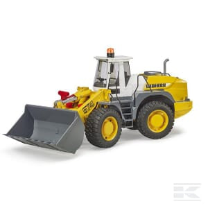 A detailed kids toy model of a yellow Liebherr front loader, featuring a gray bucket, black tires, and a white driver's cab equipped with the expertly crafted Bruder accessory: rotating beacon light (U02807), all built to a precise 1:16 scale.