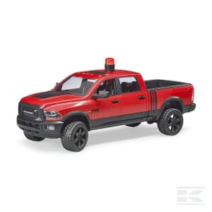 The Bruder red toy pickup truck features black accents, detailed wheels, and a working Accessories: Rotating beacon light - U02807 on the top. Constructed to a 1:16 scale, this kids' toy showcases a model name on the grille and is depicted from a three-quarter front angle in the image.